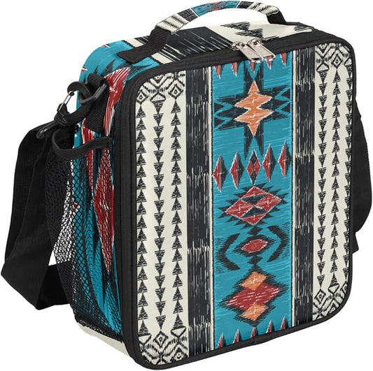 Ethnic Aztec Kids Lunch Bag Aztec Insulated Lunch Box for Boys Girls, Cooler Freezable Meal Prep Bag with Shoulder Strap Waterproof Lunch Container for School Office Picnic