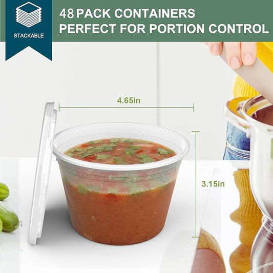 Deli Containers with Lids 16 oz [48 Set] - Food Storage Containers with Lids Freezer Safe, Soup Containers for Restaurant, BPA Free | Portion Control | Leakproof | Microwave| Washable