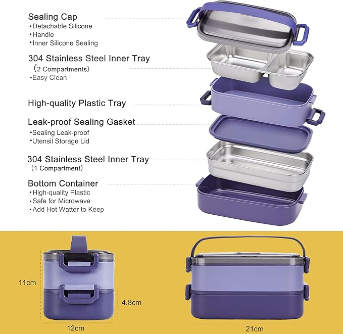 Stainless Steel Bento Box for Adults&Kids,Japanese Leakproof Lunch Box Divided Food Meal Storage Containers Set Stackable 2 Layer for Children School Picnic Blue