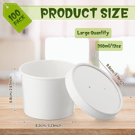 Fulmoon 100 Pack Paper Soup Containers with Lids Disposable Paper Food Containers with Vented Lids Kraft Ice Cream Bowls Soup Cup Ice Cream Cups for Restaurants(12 oz,White)