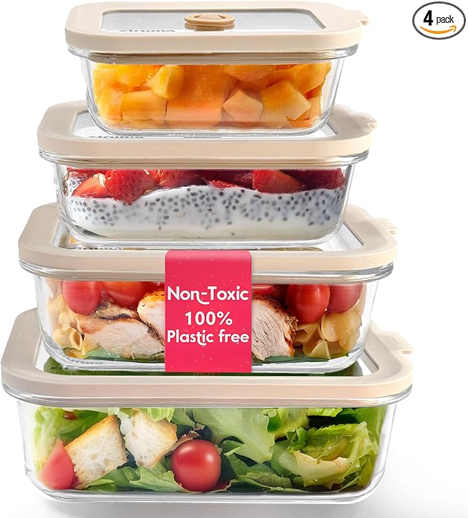 Ziruma Non-Toxic 4 Pack - Glass Food Storage Containers with Lids – Plastic Free, Airtight Meal Prep Containers, Multi-Size (12, 21, 35, 50 Oz), Microwave & Freezer Safe