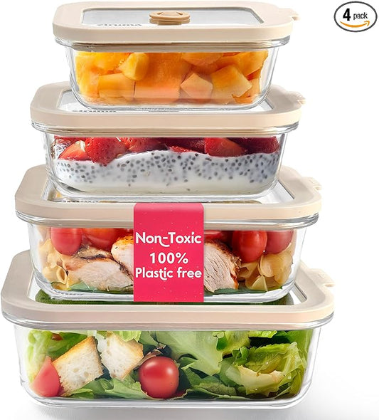Ziruma Non-Toxic 4 Pack - Glass Food Storage Containers with Lids – Plastic Free, Airtight Meal Prep Containers, Multi-Size (12, 21, 35, 50 Oz), Microwave & Freezer Safe