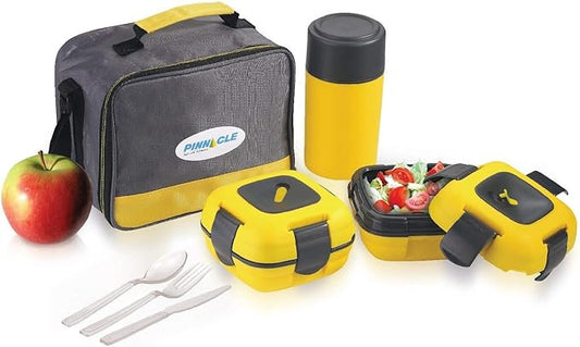 Pinnacle Thermoware Lunch Box Bag Set for Adults and Kids, Yellow, Stainless Steel and Plastic, Matching Cutlery Included