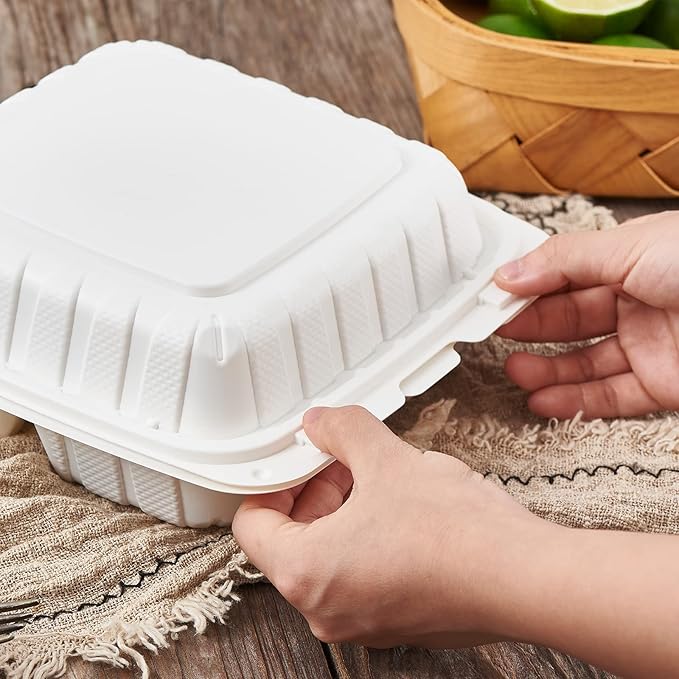 8X8 3Compartment 50Pack Plastic Clamshell Take Out Food Containers, Heavy Duty To-go Disposable Lunch Box Restaurant Meal Prep Packaging Catering Hinged Container (Formerly FULING)