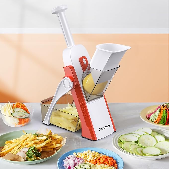 Safe Mandoline Slicer for Kitchen, Adjustable Thickness 0.1-8 mm, 5 in 1 Multi Vegetable Chopper, Potato Slicer, Food Chopper French Fry Cutte, Paring Knife/Cleaning Brush, Mandolin (Tropical orange)
