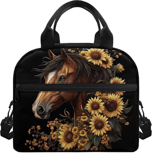Showudesigns Sunflower Horse Lunch Box for Teen Girls 10-12 12-14 Insulated Lunch Bag Primary Middle School Cooler Tote Bag Kids Crossbody Purse Picnic Bags with Thicken Handle