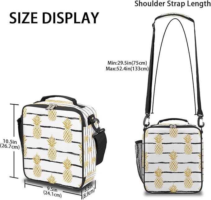 Golden Pineapple Kids Lunch Box Stripe Insulated Lunch Bag Tote for Girls Boys Cooler Freezable Meal Prep Bag with Shoulder Strap Waterproof Lunch Container for School Office Picnic