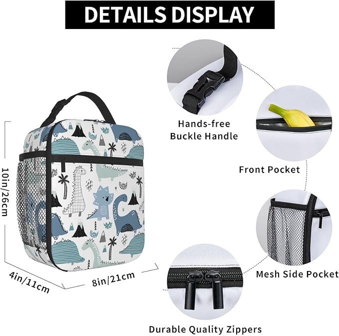 YETTA YANG Cute Dino Dinosaur Portable Lunch Bag Insulated Lunch Box Reusable Totes For Women Men Work Picnic Camping