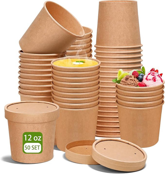 12oz Soup Containers with Vented Lids, Disposable Ice Cream Cups Kraft Paper Soup Bowls Paper Food Storage Containers, Microwavable and Freezer Safe for Hot and Cold Use (50 Pcs - Kraft, 12 oz)