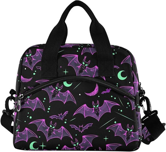 MNSRUU Insulated Lunch Bag Neon Purple and Bats Stars and Moons Women Men Fabric Dinner Tote Cooler Bag Reusable Leakproof Lunch Box with Adjustable Shoulder Handles Strap For Work School
