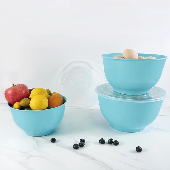 TP Mixing Bowls with Lids, 6-Piece Nesting Melamine Bowls Set for Prepping Serving Baking Cooking, Non Slip Bottom, Set of 3, Glossy Turquoise