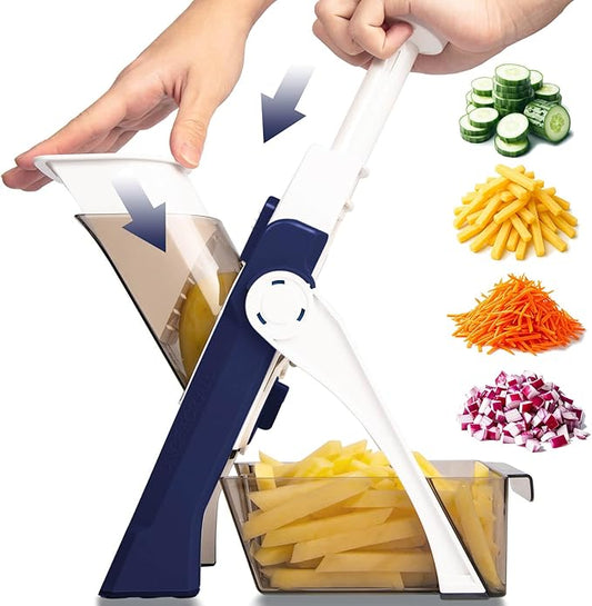 Vegetable Chopper With Adjustable Thickness - Safe Mandoline Food Slicer For Kitchen, Multifunctional Potato French Fry Cutter Onion Chopper Vegetable Cutter Slicer Dicer (Blue)
