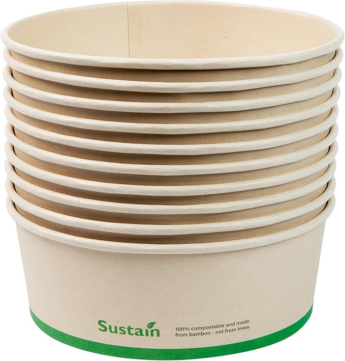 Restaurantware-Sustain 44 Ounce Sturdy Paper Take Out Boxes, 50 Round Take Out Food Containers - With PLA lining, Compostable, Bamboo Paper Containers, Disposable, Greaseproof