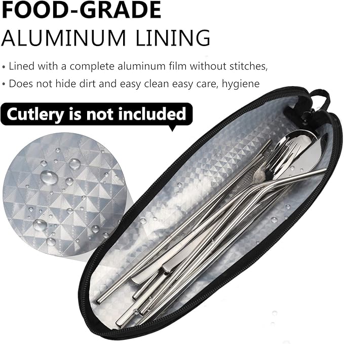 Travel Utensil Sets Carrying Case 2-pack Portable Cutlery Set Bag Reusable Silverware Set Stainless Steel Straws Pouch Chopsticks Knife Fork and Spoon Holder for Bento Lunch Box Black&Grey, Aosbos