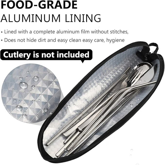 Travel Utensil Sets Carrying Case 2-pack Portable Cutlery Set Bag Reusable Silverware Set Stainless Steel Straws Pouch Chopsticks Knife Fork and Spoon Holder for Bento Lunch Box Black&Grey, Aosbos