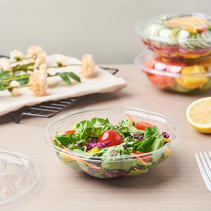 FULING [18 oz. 50 Sets Clear Plastic Salad Bowls with Airtight Lids Disposable To Go Mixing Containers Serving for Fruit, Quinoa, Lunch and Meal Prep
