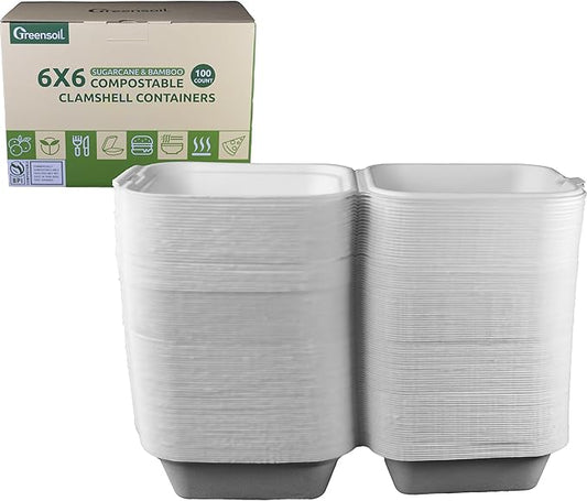 Greensoil 6x6 Compostable To Go Containers - 1-Compartment 100 Pack, Heavy Duty Clamshell Take Out Containers, PFAS-Free, Microwave & Freezer Safe, BPI Certified for Salad, Cake, Sandwiches, Lunch