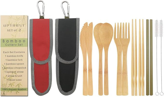 UPTRUST 2 Set Bamboo Cutlery Set Bamboo Travel Utensil Reusable Organic Bamboo Utensil Fork Knife Spoon Chopsticks Straw Cleaning Brush for Travel Picnic School Office（Black & Red）