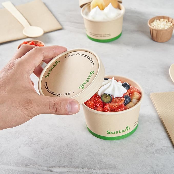 LIDS ONLY: Sustain Round Paper Soup Container Lids, 200 Disposable Ice Cream Cup Lids - Cups Sold Separately, For 5 Ounce Cups, Bamboo To Go Cup Lids, With PLA lining, Compostable - Restaurantware