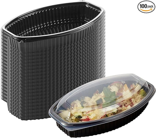 Restaurantware RW Base 24 Ounce Meal Prep Containers, 100 Microwavable To Go Containers With Lids - Disposable, Freezable, Black Plastic Oval Food Containers, Pack Hot And Cold Food, For Takeaway
