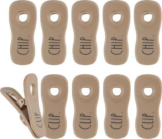 Rae Dunn Bag Clips with Magnet - Chip Clips, Food Storage with Air Tight Seal Grip for Bread, Snack and Food Bags, Pack of 10, Brown