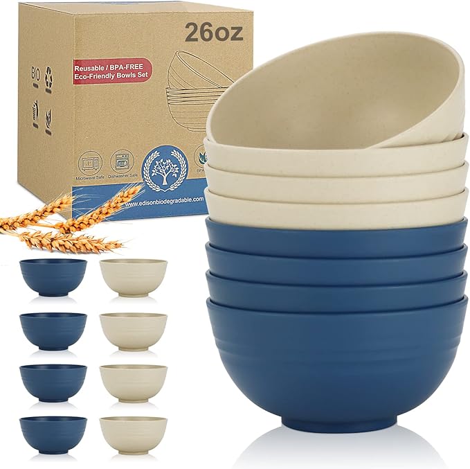 Wheat Straw Bowl Sets,8 PCS Unbreakable Cereal Bowls 26 OZ,Microwave and Dishwasher Safe Bowls,Kids Bowl suitable for cereal,salad,snack and soup (Blue and Beige)