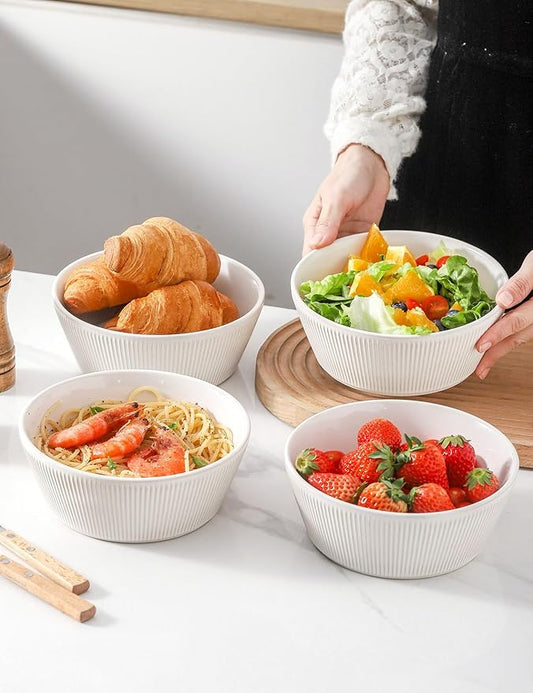 UBEE Large Soup Bowls Set of 4, 7.3 inch White Salad Bowls, Ceramic Serving Bowls for Ramen, Pasta, Fruit, Cereal, Fruit, Dinner, Dishwasher and Microwave Safe