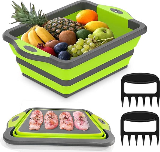BBQ Prep Tub - Collapsible Chopping Board With Meat Shredder Claws - Food Grade Plastic and Silicone Wash Basin for Seasoning, Veggies - Cutting Board - Camp Kitchen