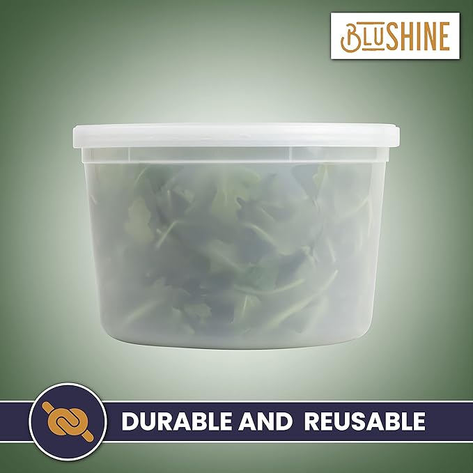 [12 Sets - 64 oz.] Plastic Deli Food Storage Containers with Airtight Leak Proof Lids - Washable And Reusable - Recyclable BPA-Free - Microwave, Fridge, and Freezer Safe