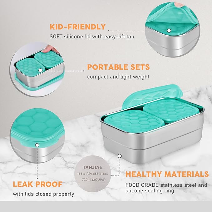 Stainless Steel Lunch Containers for Kids | Leak Proof Food Grade Snack Containers with Silicone Lids - Perfect Metal Food Containers with Lids for Kids School and Toddler Daycare (25oz+8oz*2)