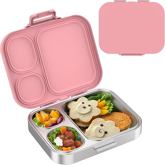 Stainless Steel Lunch Box, Leak-Proof with free sealing Bento Box 3 Compartments, Metal Lunchbox for Travel & Work, Eco-Friendly Meal Storage Solution Pink