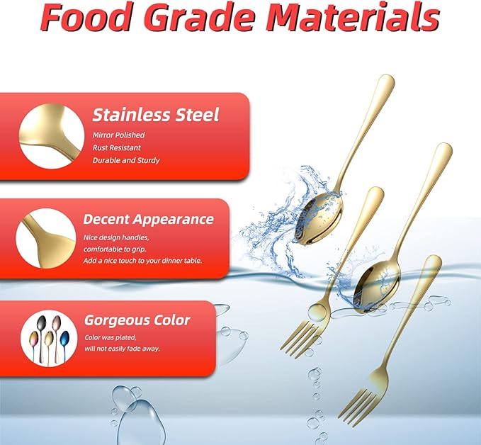 Gold Spoons and Forks Silverware Set, KITWARE 12 Pieces Stylist Colored Stainless Steel Flatware Cutlery Service for 6, Home Kitchen Utensil Sets for Restaurant, hotel, travel, outdoor, BBQ
