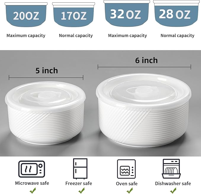 Ceramic Nesting Bowls with Lid: Microwave Safe Food Storage Containers for Work Lunch Picnic Camping Meal Prep Soup Salad Cereal Leftovers - 5 & 6 Inch, 20 & 32 oz, Set of 4, White