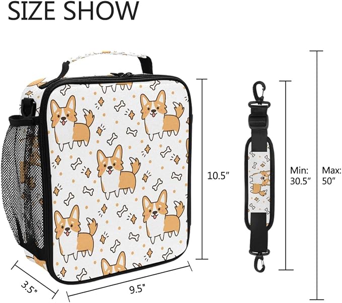 Pfrewn Corgi Dog Lunch Box Yellow Puppies Insulated Lunch Bag Cute Star Dogs Bone Reusable Cooler Meal Prep Bags Lunch Tote with Shoulder Strap for Office Adults School Kids Girls Boys Teens