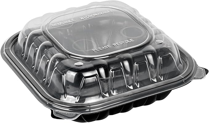 Restaurantware Thermo Tek 34 Ounce Clamshell Containers, 100 Disposable Take Out Boxes - 3 Compartments, Ventilated Lids, Black Plastic Meal Prep Containers, Microwavable, For Pasta Or Salads