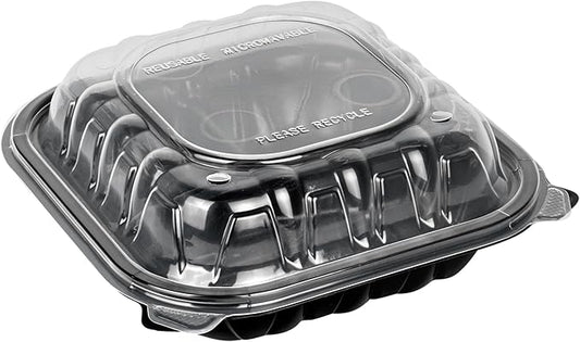 Restaurantware Thermo Tek 34 Ounce Clamshell Containers, 100 Disposable Take Out Boxes - 3 Compartments, Ventilated Lids, Black Plastic Meal Prep Containers, Microwavable, For Pasta Or Salads