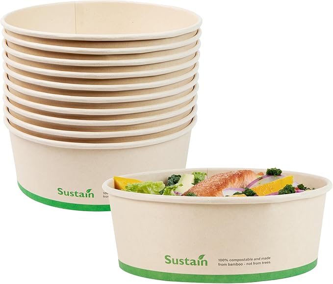 Restaurantware-Sustain 44 Ounce Sturdy Paper Take Out Boxes, 50 Round Take Out Food Containers - With PLA lining, Compostable, Bamboo Paper Containers, Disposable, Greaseproof