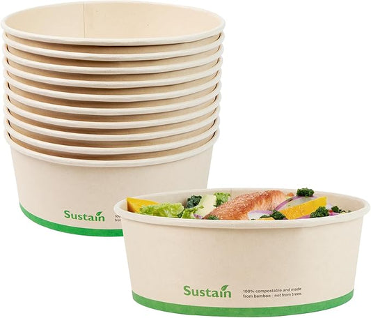 Restaurantware-Sustain 44 Ounce Sturdy Paper Take Out Boxes, 50 Round Take Out Food Containers - With PLA lining, Compostable, Bamboo Paper Containers, Disposable, Greaseproof