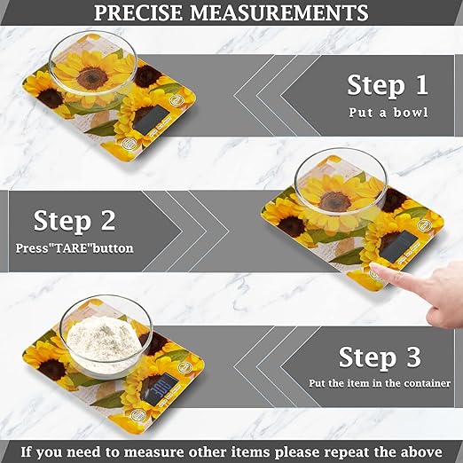 Food Scale Kitchen Digital Scale Food Ounces and Grams Dieting Baking Cooking Waterproof Glass Panels LCD Display,4 Units Scale Tare Function Sunflower