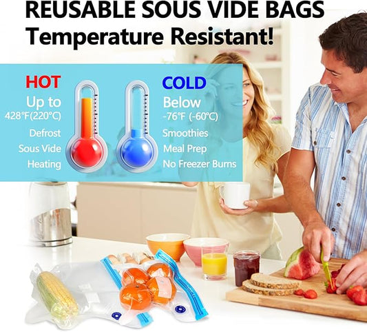 Sous Vide Bags 24 Pcs, 11x10 inches Reusable Vacuum Sealer Bags, Vacuum Food Storage Bag for Cooking, Food Storage, and Microwave Heating, with 2 Seal Clips & 5 Air Valves
