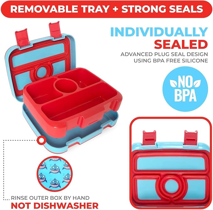 kinsho Lunch Box for Kids Toddlers Boys, BPA Free, Removable Tray, Pre-School Kid Daycare Lunches Snack Container Ages 3 to 5, Baby Blue Shark