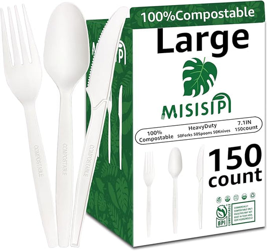 MISISIPI 150Pcs 100% Compostable Utensils Cutlery Biodegradable HeavyDuty No Plastic Utensils Silverware Cutlery Set Eco-Friendly Heavyweight Disposable Utensils Cutlery for Party BBQ Picnic Birthday