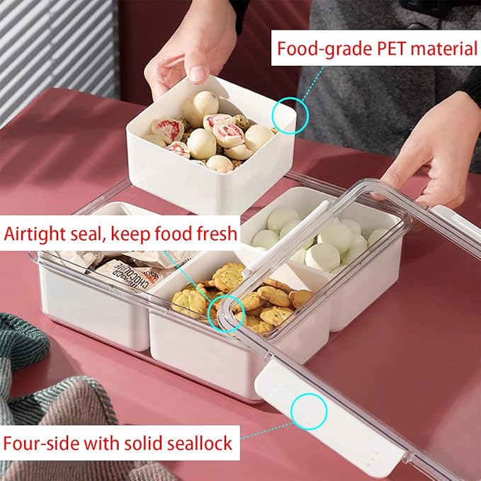 MineSign Divided Serving Tray with Lid for Veggie Charcuterie Container Portion Control Salad Keeper with 4 Removable Boxes Stackable Refrigerator Organizer Bins Food Storage Organizer Produce Saver
