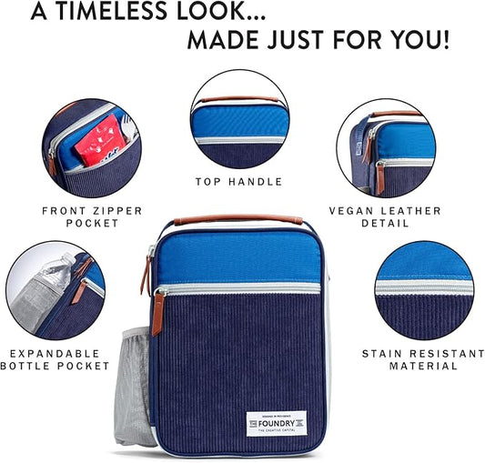 Fit & Fresh Insulated Lunch Box for Kids, Blue, Polyester, 10" x 8.25" x 4", with Side Pocket and Front Zip