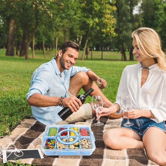 Divided Serving Tray with Lid and Handle,8 Compartments Snacks Box,Snack Fruit Tray,Veggie Tray,Portable Platter for Candy Fruits Nuts Snack Party Entertaining Picnic(1PCS Blue)