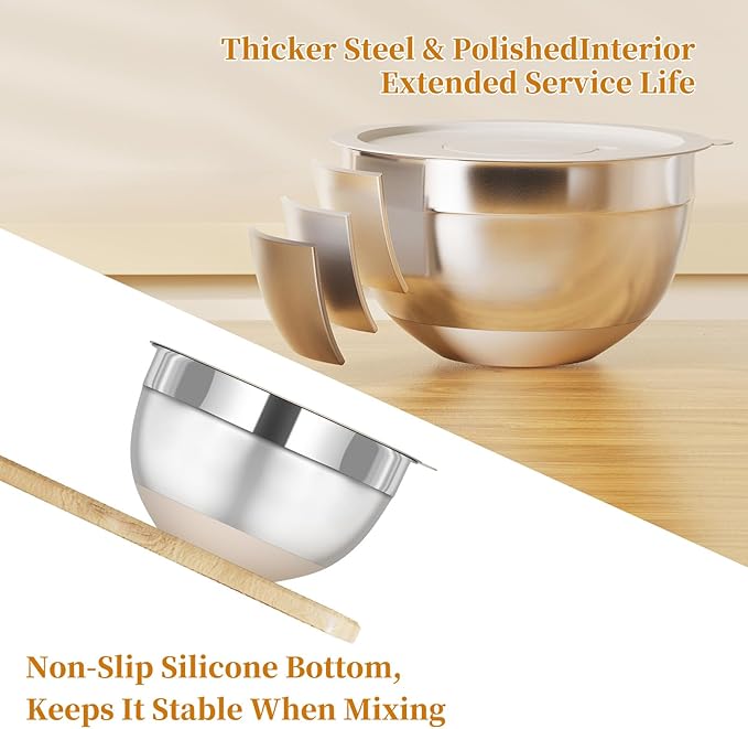 Mixing Bowls with Lids Set, 6 Piece Stainless Steel Nesting Storage Bowls for Kitchen, with 3 Grater Attachments & Non-Slip Bottoms, Size 5.5,3.5,2.5,2.1,1.5,1.1 QT