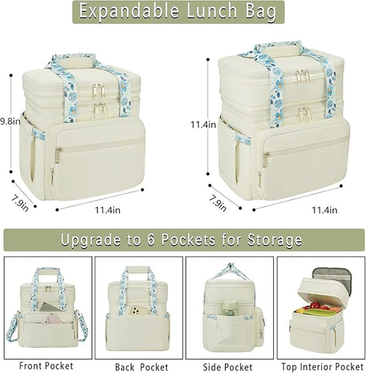 Double Deck Lunch Box for Women, Expandable Insulated Large Lunch Bag Women Leakproof Lightweight Lunch Cooler Bag Durable Lunchbox for Work Outdoor Travel, Beige