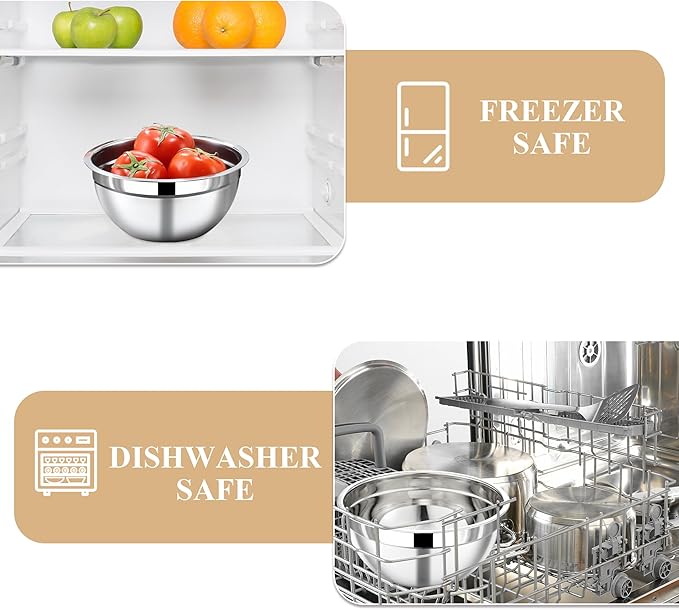 Mixing Bowls with Lids Set, 7 Piece Khaki Nesting Stainless Steel Mixing Bowls for Kitchen, Sizes 4.5, 4, 3.5, 2.1, 1.5, 1.1, 0.7 Qt for Baking, Cooking and Serving, Dishwasher Safe