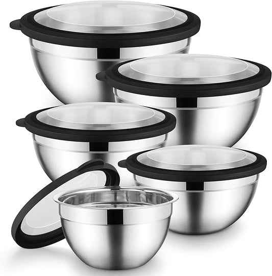 Stainless Steel Mixing Bowls with Black Lids Metal Nesting Mixing Bowl Set of 5 - Size 1.5, 2, 2.6, 3.5, 4.6QT