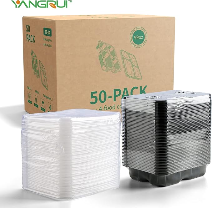YANGRUI To Go Containers, 50 Pack (50 Trays + 50 Lids) 34oz BPA Free Reusable Bento Box Clean Film Package Machine Washable Meal Prep Container